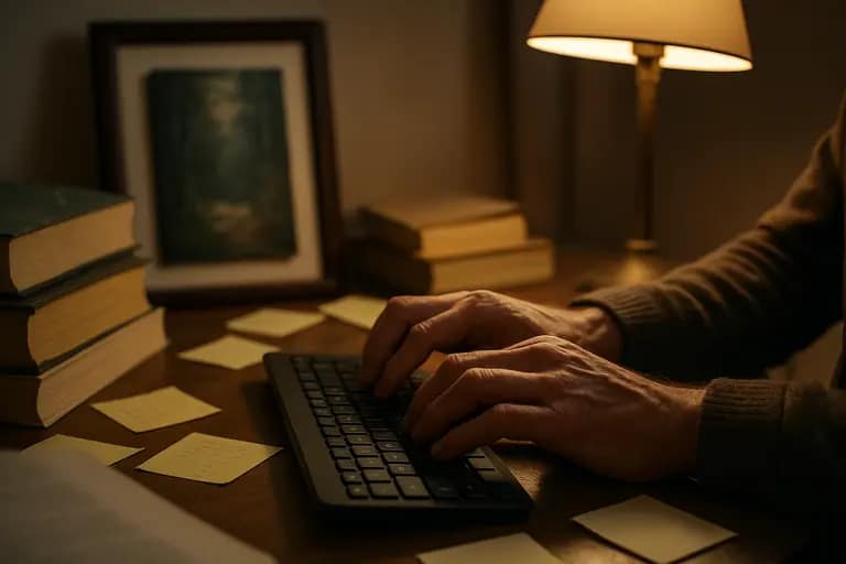 Writer comparing contract drafts with notes and a laptop