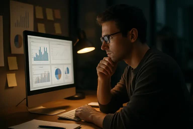 Author reviewing campaign notes and simple performance charts