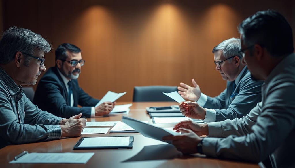 A boardroom table with a team of negotiators engaged in a tactical discussion. Soft, directional lighting illuminates their serious expressions as they review documents and gesticulate animatedly. The background is blurred, drawing the eye to the negotiation tactics unfolding in the foreground. A sense of focus and urgency permeates the scene, as the negotiators seek to reach a strategic compromise. A boardroom table with a team of negotiators engaged in a tactical discussion. Soft, directional lighting illuminates their serious expressions as they review documents and gesticulate animatedly. The background is blurred, drawing the eye to the negotiation tactics unfolding in the foreground. A sense of focus and urgency permeates the scene, as the negotiators seek to reach a strategic compromise.