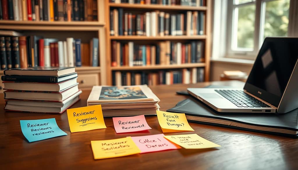 A comfortable home office with a wooden desk, a stack of books, and a laptop computer. On the desk, several colorful sticky notes with handwritten reviewer suggestions. The notes are arranged in a thoughtful, organized manner, reflecting a strategic approach to the selection process. Soft, warm lighting illuminates the scene, creating a welcoming and productive atmosphere. The background features a bookshelf filled with academic volumes, hinting at the intellectual context. The overall composition suggests a careful, well-considered decision-making process for choosing the right reviewers. A comfortable home office with a wooden desk, a stack of books, and a laptop computer. On the desk, several colorful sticky notes with handwritten reviewer suggestions. The notes are arranged in a thoughtful, organized manner, reflecting a strategic approach to the selection process. Soft, warm lighting illuminates the scene, creating a welcoming and productive atmosphere. The background features a bookshelf filled with academic volumes, hinting at the intellectual context. The overall composition suggests a careful, well-considered decision-making process for choosing the right reviewers.