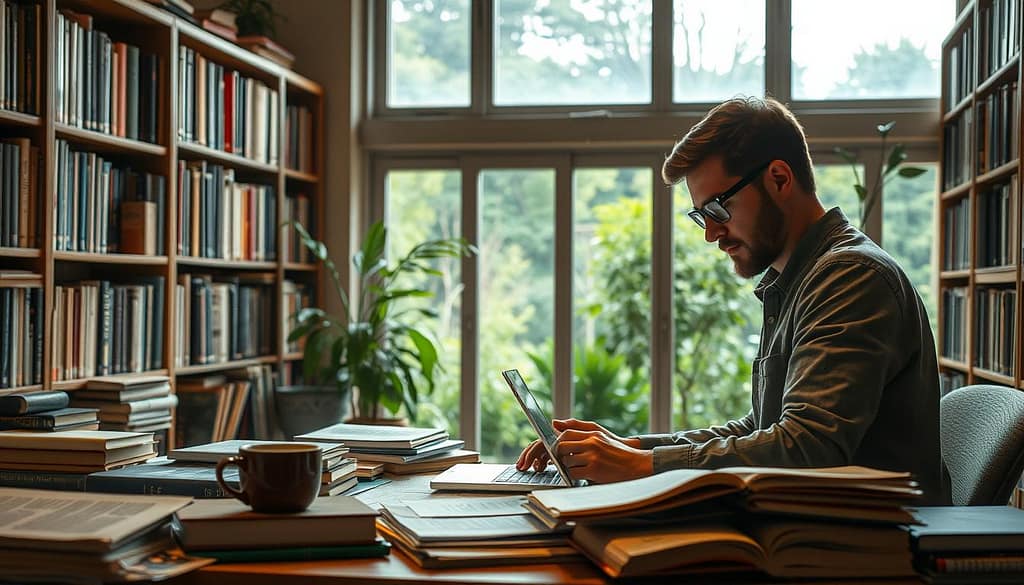 A cozy academic study filled with warm lighting and a sense of focused contemplation. In the foreground, a researcher intently poring over a laptop, surrounded by a clutter of books, papers, and a mug of steaming coffee. In the middle ground, shelves of scholarly volumes line the walls, hinting at the wealth of knowledge available. The background features a large window overlooking a lush, verdant garden, creating a serene, inspirational atmosphere. The overall mood is one of dedicated academic pursuit, with the tranquil natural setting providing a sense of balance and clarity. The camera angle is slightly elevated, lending an air of thoughtful observation to the scene. A cozy academic study filled with warm lighting and a sense of focused contemplation. In the foreground, a researcher intently poring over a laptop, surrounded by a clutter of books, papers, and a mug of steaming coffee. In the middle ground, shelves of scholarly volumes line the walls, hinting at the wealth of knowledge available. The background features a large window overlooking a lush, verdant garden, creating a serene, inspirational atmosphere. The overall mood is one of dedicated academic pursuit, with the tranquil natural setting providing a sense of balance and clarity. The camera angle is slightly elevated, lending an air of thoughtful observation to the scene.
