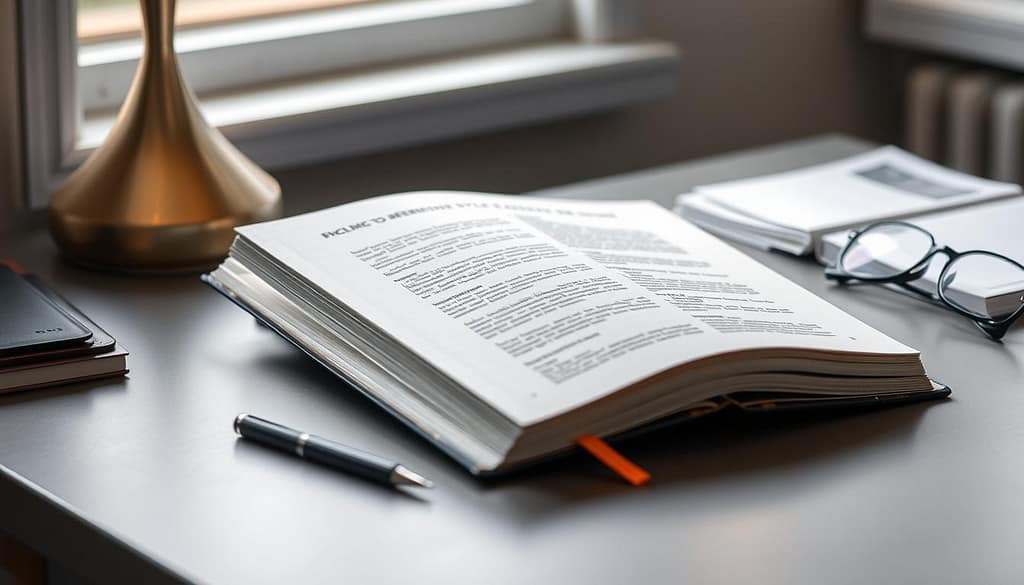 A desk with an open book, showcasing various academic referencing styles guides. The book has a clean, minimalist cover design, featuring an elegant typeface and a subtle pattern or texture. The desk is positioned in a well-lit, serene study environment, with soft, natural lighting from a window or lamp. Surrounding the book are neatly organized office supplies, such as a pen, highlighter, and a pair of reading glasses, creating a scholarly and professional atmosphere. The overall mood is one of focused productivity and attention to detail, reflecting the meticulous nature of academic referencing. A desk with an open book, showcasing various academic referencing styles guides. The book has a clean, minimalist cover design, featuring an elegant typeface and a subtle pattern or texture. The desk is positioned in a well-lit, serene study environment, with soft, natural lighting from a window or lamp. Surrounding the book are neatly organized office supplies, such as a pen, highlighter, and a pair of reading glasses, creating a scholarly and professional atmosphere. The overall mood is one of focused productivity and attention to detail, reflecting the meticulous nature of academic referencing.