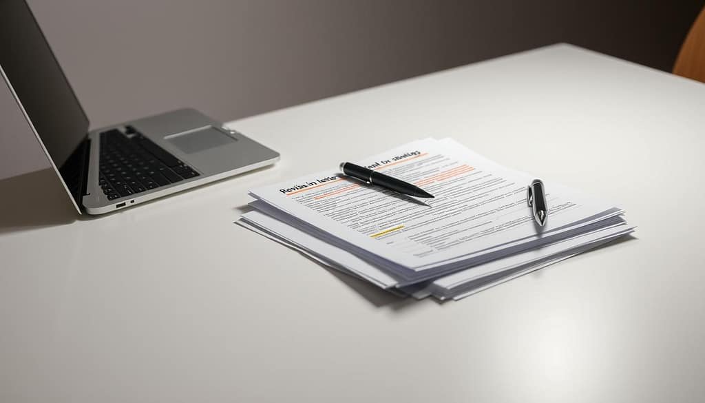 A modern and minimal workspace with a clean, well-lit table. On the table, a laptop, a pen, and a stack of papers, representing revision letters and strategies. The papers have handwritten notes and highlighted sections, conveying a sense of active engagement and thoughtful consideration. The lighting is soft and diffused, creating a focused, contemplative atmosphere. The background is a muted, neutral color, allowing the workspace and materials to take center stage. The overall composition emphasizes the process of responding to feedback and revision requests, with a sense of organization and attention to detail. A modern and minimal workspace with a clean, well-lit table. On the table, a laptop, a pen, and a stack of papers, representing revision letters and strategies. The papers have handwritten notes and highlighted sections, conveying a sense of active engagement and thoughtful consideration. The lighting is soft and diffused, creating a focused, contemplative atmosphere. The background is a muted, neutral color, allowing the workspace and materials to take center stage. The overall composition emphasizes the process of responding to feedback and revision requests, with a sense of organization and attention to detail.