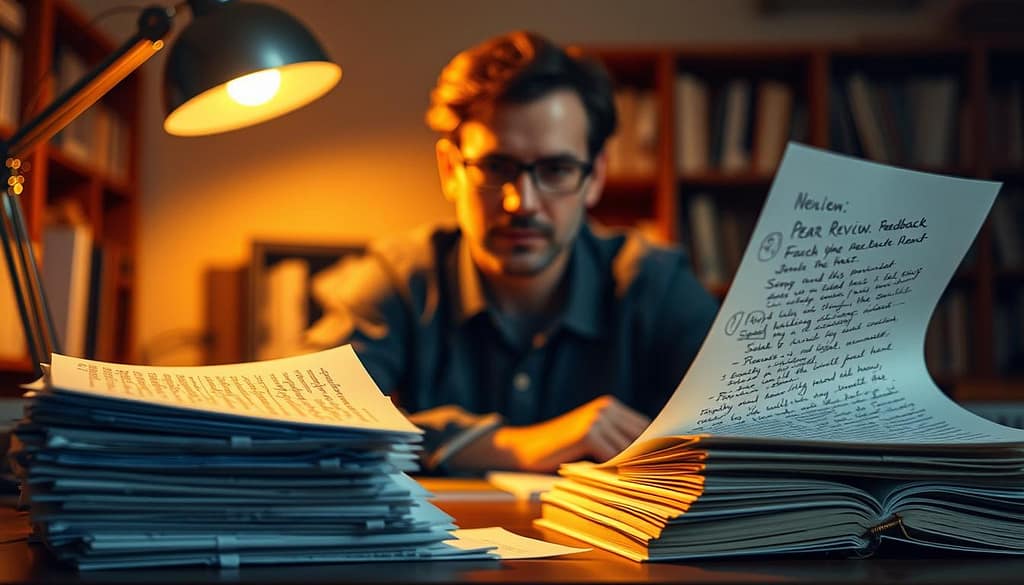 A scholar sits at a desk, intently reviewing the peer review feedback on their research manuscript. The scene is bathed in warm, golden light from a desk lamp, casting a thoughtful atmosphere. In the foreground, a stack of papers with scribbled notes and comments are visible, representing the valuable feedback received. The middle ground shows the scholar's focused expression as they contemplate the next steps in addressing the review. The background blurs softly, emphasizing the importance of this critical process. The overall mood is one of diligence, reflection, and a determination to strengthen the work through the peer review response. A scholar sits at a desk, intently reviewing the peer review feedback on their research manuscript. The scene is bathed in warm, golden light from a desk lamp, casting a thoughtful atmosphere. In the foreground, a stack of papers with scribbled notes and comments are visible, representing the valuable feedback received. The middle ground shows the scholar's focused expression as they contemplate the next steps in addressing the review. The background blurs softly, emphasizing the importance of this critical process. The overall mood is one of diligence, reflection, and a determination to strengthen the work through the peer review response.