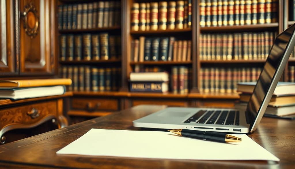 A well-lit academic study with an antique wooden desk, a laptop, and a stack of books. In the foreground, a pen and paper symbolize academic integrity. The background features a bookshelf with volumes on publishing ethics and copyright law. Soft, warm lighting illuminates the scene, creating a contemplative atmosphere. The overall composition suggests the careful consideration of academic ethics and the prevention of plagiarism. A well-lit academic study with an antique wooden desk, a laptop, and a stack of books. In the foreground, a pen and paper symbolize academic integrity. The background features a bookshelf with volumes on publishing ethics and copyright law. Soft, warm lighting illuminates the scene, creating a contemplative atmosphere. The overall composition suggests the careful consideration of academic ethics and the prevention of plagiarism.