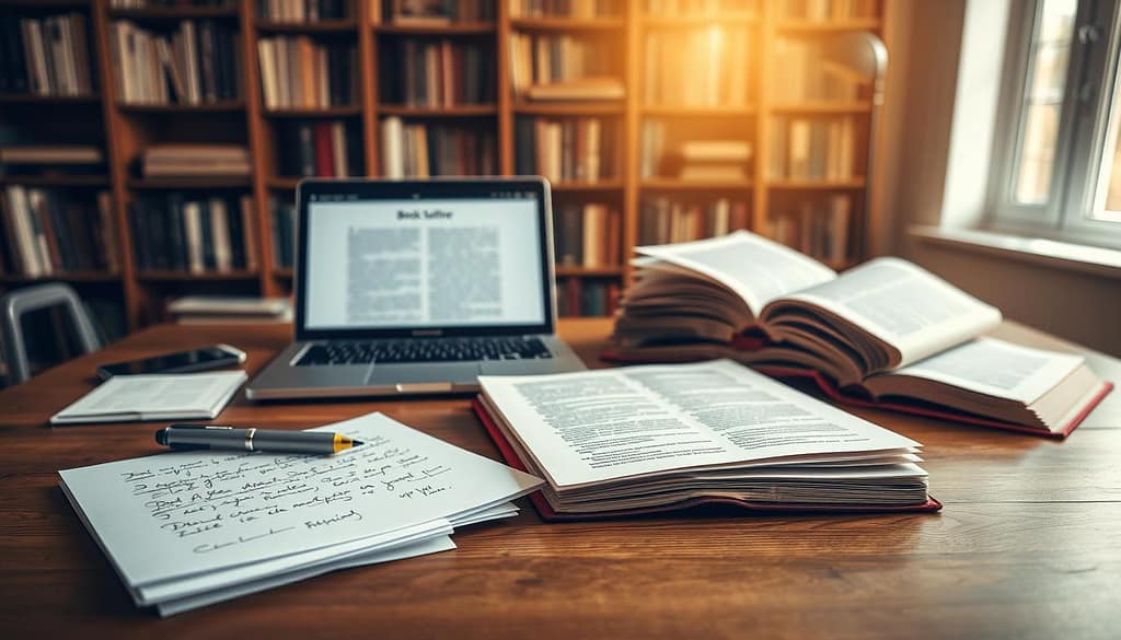 Academic book proposal elements, neatly arranged on a wooden desk. In the foreground, a stack of paper sheets with handwritten notes, a pen, and a trusty highlighter. In the middle ground, a laptop displaying a book outline, surrounded by open reference books. In the background, bookshelves filled with scholarly tomes, casting a warm, contemplative glow. The scene is illuminated by a soft, natural light filtering through a nearby window, creating a serene and productive atmosphere. The overall composition conveys the essence of the key elements required for a compelling academic book proposal. Academic book proposal elements, neatly arranged on a wooden desk. In the foreground, a stack of paper sheets with handwritten notes, a pen, and a trusty highlighter. In the middle ground, a laptop displaying a book outline, surrounded by open reference books. In the background, bookshelves filled with scholarly tomes, casting a warm, contemplative glow. The scene is illuminated by a soft, natural light filtering through a nearby window, creating a serene and productive atmosphere. The overall composition conveys the essence of the key elements required for a compelling academic book proposal.