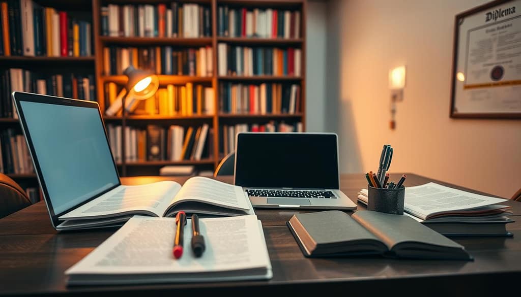 An academic desk with a laptop, open books, and a neatly organized set of pens and highlighters. The background features a bookshelf filled with academic tomes, a wall-mounted whiteboard, and a framed diploma on the wall, conveying an atmosphere of scholarly dedication. The lighting is warm and inviting, creating a contemplative mood. The entire scene is captured with a shallow depth of field, emphasizing the focal point of the desk and its contents. The angle is slightly elevated, providing a birds-eye view of the workspace, conveying a sense of structure and precision. An academic desk with a laptop, open books, and a neatly organized set of pens and highlighters. The background features a bookshelf filled with academic tomes, a wall-mounted whiteboard, and a framed diploma on the wall, conveying an atmosphere of scholarly dedication. The lighting is warm and inviting, creating a contemplative mood. The entire scene is captured with a shallow depth of field, emphasizing the focal point of the desk and its contents. The angle is slightly elevated, providing a birds-eye view of the workspace, conveying a sense of structure and precision.