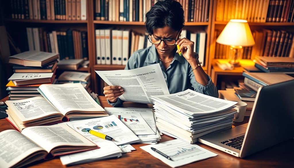 A cluttered desk scene filled with open books, neatly arranged papers, and a laptop, symbolizing the world of academic writing. In the foreground, a frustrated academic author, a middle-aged Black woman wearing professional attire, reviews a stack of book proposal drafts with a critical eye, highlighting overlooked sections with a bright yellow marker. In the middle, various documents scattered around show charts, graphs, and notes, emphasizing key components often missed in proposals. In the background, a softly lit bookshelf holds scholarly texts, creating an academic atmosphere. The warm, focused lighting casts gentle shadows, enhancing the mood of contemplation and analysis, inviting viewers to reflect on common mistakes in book proposals. A cluttered desk scene filled with open books, neatly arranged papers, and a laptop, symbolizing the world of academic writing. In the foreground, a frustrated academic author, a middle-aged Black woman wearing professional attire, reviews a stack of book proposal drafts with a critical eye, highlighting overlooked sections with a bright yellow marker. In the middle, various documents scattered around show charts, graphs, and notes, emphasizing key components often missed in proposals. In the background, a softly lit bookshelf holds scholarly texts, creating an academic atmosphere. The warm, focused lighting casts gentle shadows, enhancing the mood of contemplation and analysis, inviting viewers to reflect on common mistakes in book proposals.
