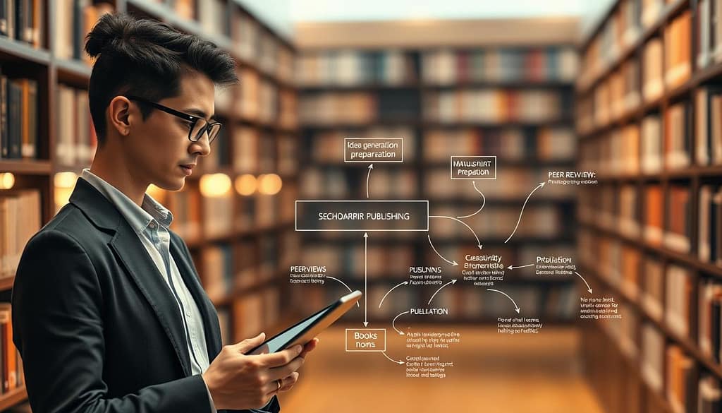 A detailed and visually engaging roadmap for scholarly publishing strategy, prominently featuring a central pathway lined with key milestones: idea generation, manuscript preparation, peer review, and publication. In the foreground, a professional individual in business attire studies the roadmap, holding a tablet, symbolizing active engagement. The middle section of the image includes well-organized nodes and arrows illustrating various publishing options, such as books and journals, connected by a clear, flowing design. In the background, a soft-focus library or academic setting enhances the scholarly atmosphere with shelves of books and warm, inviting lighting. The overall mood conveys determination and clarity, emphasizing strategic planning and intellectual pursuit in academic publishing. Use a wide-angle perspective to capture the detail and breadth of the roadmap. A detailed and visually engaging roadmap for scholarly publishing strategy, prominently featuring a central pathway lined with key milestones: idea generation, manuscript preparation, peer review, and publication. In the foreground, a professional individual in business attire studies the roadmap, holding a tablet, symbolizing active engagement. The middle section of the image includes well-organized nodes and arrows illustrating various publishing options, such as books and journals, connected by a clear, flowing design. In the background, a soft-focus library or academic setting enhances the scholarly atmosphere with shelves of books and warm, inviting lighting. The overall mood conveys determination and clarity, emphasizing strategic planning and intellectual pursuit in academic publishing. Use a wide-angle perspective to capture the detail and breadth of the roadmap.