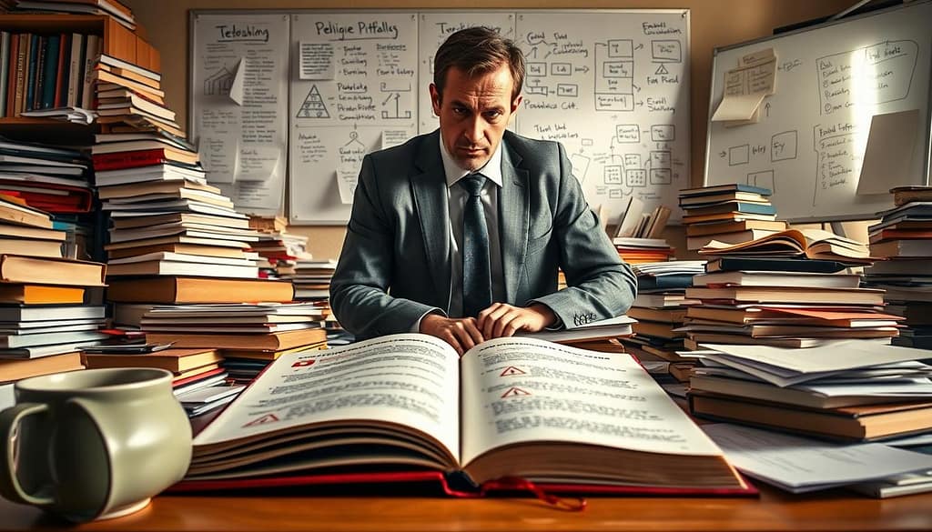 A dynamic office setting showcasing a cluttered desk filled with academic books and papers scattered about, illustrating the theme of "Common Pitfalls" in book proposals. In the foreground, an open book with red flags and warning symbols sketched on the pages, signifying errors to avoid, alongside a coffee cup tipped over. The middle ground features a pensive scholar in professional attire, examining the chaos with a furrowed brow, symbolizing the struggle of navigating publishing challenges. The background should include a whiteboard covered in brainstorming notes and diagrams, bathed in warm, natural light from a nearby window. The atmosphere should feel tense yet focused, emphasizing the challenges scholars face while crafting their proposals. A dynamic office setting showcasing a cluttered desk filled with academic books and papers scattered about, illustrating the theme of "Common Pitfalls" in book proposals. In the foreground, an open book with red flags and warning symbols sketched on the pages, signifying errors to avoid, alongside a coffee cup tipped over. The middle ground features a pensive scholar in professional attire, examining the chaos with a furrowed brow, symbolizing the struggle of navigating publishing challenges. The background should include a whiteboard covered in brainstorming notes and diagrams, bathed in warm, natural light from a nearby window. The atmosphere should feel tense yet focused, emphasizing the challenges scholars face while crafting their proposals.