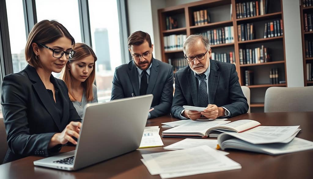 A focused scene depicting a diverse group of four professionals in a modern office environment, intently engaged in a research publication decision-making process. In the foreground, a middle-aged woman in a smart business outfit is analyzing graphs on a laptop, while a young man in professional attire writes notes on a notepad. In the middle ground, an older man, wearing reading glasses, is reviewing printed academic submissions scattered on a conference table, deep in thought. The background features a large window with natural light flooding in, cityscape visible outside, and bookshelves filled with academic journals and books. The atmosphere is collaborative and serious, highlighting the weight of decision-making in academia. Soft, balanced lighting emphasizes the professionals' expressions of focus and determination, captured from a slightly elevated angle for depth. A focused scene depicting a diverse group of four professionals in a modern office environment, intently engaged in a research publication decision-making process. In the foreground, a middle-aged woman in a smart business outfit is analyzing graphs on a laptop, while a young man in professional attire writes notes on a notepad. In the middle ground, an older man, wearing reading glasses, is reviewing printed academic submissions scattered on a conference table, deep in thought. The background features a large window with natural light flooding in, cityscape visible outside, and bookshelves filled with academic journals and books. The atmosphere is collaborative and serious, highlighting the weight of decision-making in academia. Soft, balanced lighting emphasizes the professionals' expressions of focus and determination, captured from a slightly elevated angle for depth.