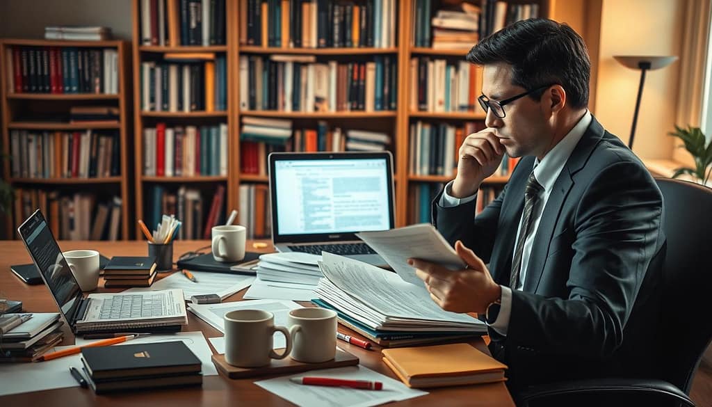 A focused workspace scene depicting the peer review revision process. In the foreground, a professional scholar in business attire intently reviews a stack of academic papers, with a thoughtful expression. Beside them, a laptop displays a screen filled with revision notes and comments. In the middle layer, a table cluttered with coffee cups, highlighters, and printed feedback forms, illustrating a busy research environment. In the background, a soft-lit bookshelf filled with academic journals and reference books, creating an atmosphere of scholarly pursuit. The lighting is warm and inviting, suggesting a late afternoon study session. The overall mood is one of concentration, diligence, and intellectual engagement, inviting viewers to appreciate the nuances of academic revisions. A focused workspace scene depicting the peer review revision process. In the foreground, a professional scholar in business attire intently reviews a stack of academic papers, with a thoughtful expression. Beside them, a laptop displays a screen filled with revision notes and comments. In the middle layer, a table cluttered with coffee cups, highlighters, and printed feedback forms, illustrating a busy research environment. In the background, a soft-lit bookshelf filled with academic journals and reference books, creating an atmosphere of scholarly pursuit. The lighting is warm and inviting, suggesting a late afternoon study session. The overall mood is one of concentration, diligence, and intellectual engagement, inviting viewers to appreciate the nuances of academic revisions.