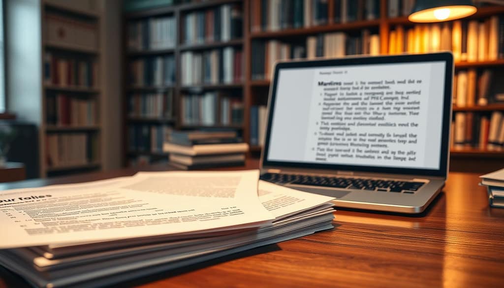 A neatly organized workspace featuring a well-structured document showcasing peer review formatting guidelines. In the foreground, a close-up of a polished wooden desk with a stack of papers highlighting key formatting details like margins, font styles, and citation examples. In the middle ground, a laptop with an open document editing software displaying text about formatting standards. In the background, a cozy library setting with bookshelves filled with academic journals, dimly lit by warm ambient lighting. The scene conveys a professional and focused atmosphere, ideal for researchers preparing their manuscripts for submission. The composition uses a soft focus to emphasize the document details while maintaining a warm and inviting tone. A neatly organized workspace featuring a well-structured document showcasing peer review formatting guidelines. In the foreground, a close-up of a polished wooden desk with a stack of papers highlighting key formatting details like margins, font styles, and citation examples. In the middle ground, a laptop with an open document editing software displaying text about formatting standards. In the background, a cozy library setting with bookshelves filled with academic journals, dimly lit by warm ambient lighting. The scene conveys a professional and focused atmosphere, ideal for researchers preparing their manuscripts for submission. The composition uses a soft focus to emphasize the document details while maintaining a warm and inviting tone.