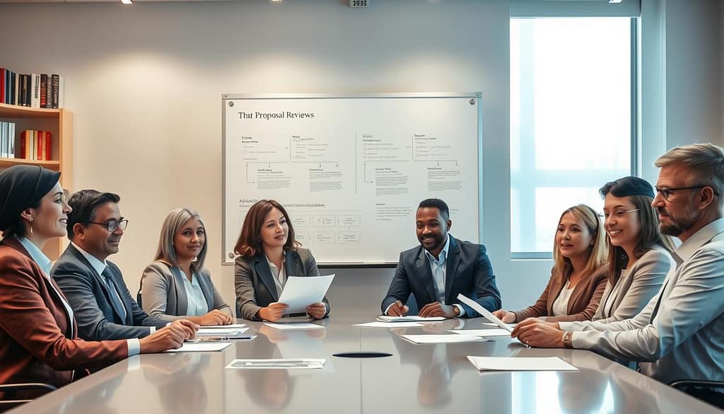 A professional and modern office environment, demonstrating a transparent proposal review process. In the foreground, a diverse group of scholars in professional business attire are seated around a sleek conference table, reviewing documents and engaging in discussion, conveying collaboration and openness. In the middle ground, a large whiteboard showcases flowcharts and visual aids symbolizing clarity and transparency, while an illuminated window behind them allows natural light to flood the space, enhancing the atmosphere. The background displays shelves filled with books and awards, emphasizing a scholarly environment. The lighting is bright and focused, highlighting the attendees' expressions of determination and engagement, creating a mood of professionalism and trust. A professional and modern office environment, demonstrating a transparent proposal review process. In the foreground, a diverse group of scholars in professional business attire are seated around a sleek conference table, reviewing documents and engaging in discussion, conveying collaboration and openness. In the middle ground, a large whiteboard showcases flowcharts and visual aids symbolizing clarity and transparency, while an illuminated window behind them allows natural light to flood the space, enhancing the atmosphere. The background displays shelves filled with books and awards, emphasizing a scholarly environment. The lighting is bright and focused, highlighting the attendees' expressions of determination and engagement, creating a mood of professionalism and trust.