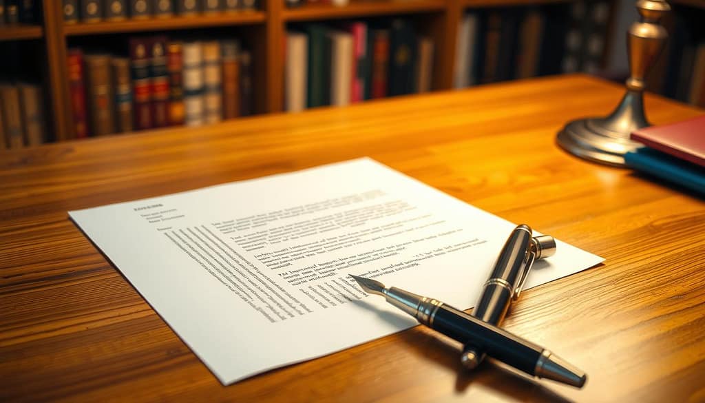 A professional cover letter laid out on a polished wooden desk, with an elegant fountain pen resting beside it. The letter features a traditional format, neatly typed, with a strong opening paragraph inviting attention. In the background, a soft-focus bookshelf filled with scholarly books suggests an academic setting. The lighting is warm and inviting, coming from a nearby lamp, casting gentle shadows that enhance the depth of the scene. The angle is slightly above eye level, emphasizing the details of the letter while keeping the surrounding environment visible. A subtle aura of professionalism and diligence is present, evoking a sense of purpose in the academic journey. The overall mood is calm and focused, ideal for an analysis of effective cover letters. A professional cover letter laid out on a polished wooden desk, with an elegant fountain pen resting beside it. The letter features a traditional format, neatly typed, with a strong opening paragraph inviting attention. In the background, a soft-focus bookshelf filled with scholarly books suggests an academic setting. The lighting is warm and inviting, coming from a nearby lamp, casting gentle shadows that enhance the depth of the scene. The angle is slightly above eye level, emphasizing the details of the letter while keeping the surrounding environment visible. A subtle aura of professionalism and diligence is present, evoking a sense of purpose in the academic journey. The overall mood is calm and focused, ideal for an analysis of effective cover letters.