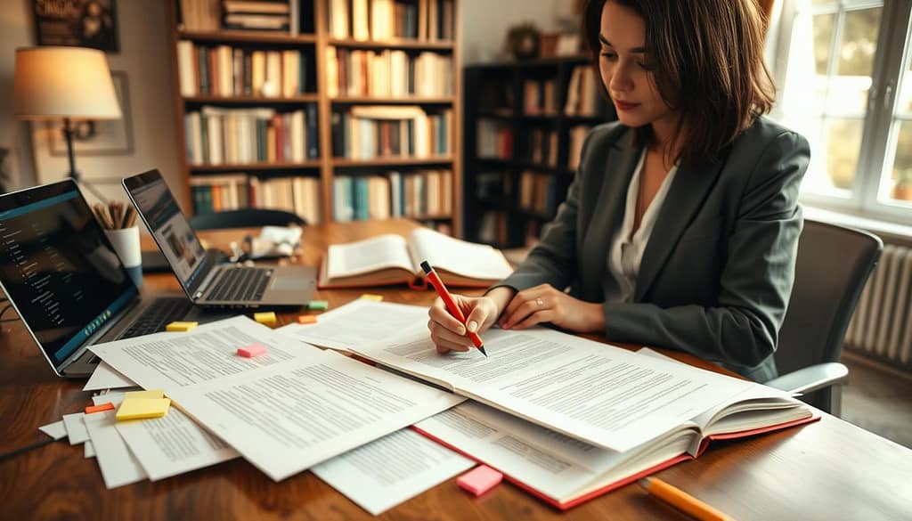 A professional workspace featuring a woman in modest business attire, sitting at a large wooden desk cluttered with drafts of book proposals, highlighters, and sticky notes. In the foreground, focus on her hands making revisions on a printed manuscript with a red pen, emphasizing her concentration. In the middle, a laptop displays an open document with editing software visible, while an open book sits nearby, highlighting academic writing. In the background, a cozy bookshelf filled with scholarly texts and a large window letting in warm natural light creates an inviting atmosphere. The mood is focused and productive, illustrating the meticulous process of refining and resubmitting a book proposal. Soft shadows and a shallow depth of field enhance the sense of a personal workspace. A professional workspace featuring a woman in modest business attire, sitting at a large wooden desk cluttered with drafts of book proposals, highlighters, and sticky notes. In the foreground, focus on her hands making revisions on a printed manuscript with a red pen, emphasizing her concentration. In the middle, a laptop displays an open document with editing software visible, while an open book sits nearby, highlighting academic writing. In the background, a cozy bookshelf filled with scholarly texts and a large window letting in warm natural light creates an inviting atmosphere. The mood is focused and productive, illustrating the meticulous process of refining and resubmitting a book proposal. Soft shadows and a shallow depth of field enhance the sense of a personal workspace.