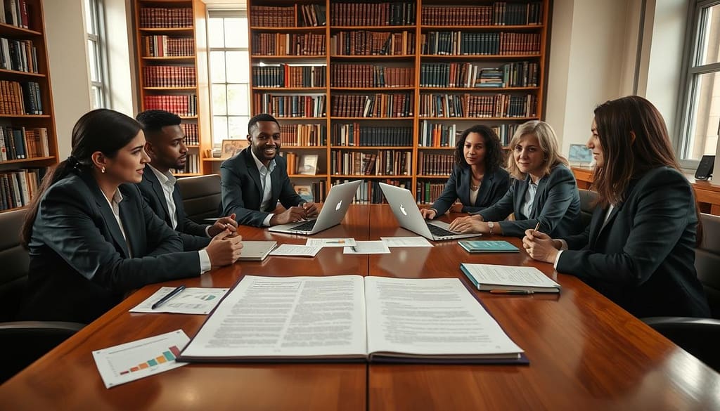 A scholarly scene depicting the peer review process in academic publishing. In the foreground, a diverse group of four professionals sits around a polished wooden table, engaged in discussion. They are dressed in professional business attire, showcasing a blend of ethnicities. In the middle ground, there is a large open manuscript with highlighted sections, alongside laptops and notebooks. Papers with graphs and charts relate to research findings. In the background, a large bookshelf filled with academic journals and books creates an intellectual ambiance. Soft, warm lighting illuminates the scene from a large window, casting gentle shadows. The atmosphere is collaborative and focused, emphasizing the importance of the peer review process in academia. A scholarly scene depicting the peer review process in academic publishing. In the foreground, a diverse group of four professionals sits around a polished wooden table, engaged in discussion. They are dressed in professional business attire, showcasing a blend of ethnicities. In the middle ground, there is a large open manuscript with highlighted sections, alongside laptops and notebooks. Papers with graphs and charts relate to research findings. In the background, a large bookshelf filled with academic journals and books creates an intellectual ambiance. Soft, warm lighting illuminates the scene from a large window, casting gentle shadows. The atmosphere is collaborative and focused, emphasizing the importance of the peer review process in academia.