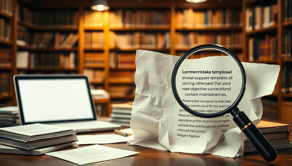 A visually engaging academic proposal template depicted as a torn or crumpled paper, symbolizing common pitfalls in proposal writing. In the foreground, a desk cluttered with reference books, a laptop showing a blank document, and scattered notes on formatting errors and content misalignment. In the middle ground, a magnifying glass focusing on a highlighted section of a template that illustrates a common mistake, such as vague objectives or overstated significance. The background features a softly lit library with shelves filled with academic journals and warm wooden tones, fostering a serious and professional atmosphere. Soft, diffused lighting enhances the image, casting gentle shadows to create depth, while the overall mood conveys a sense of caution and reflection on academic standards. A visually engaging academic proposal template depicted as a torn or crumpled paper, symbolizing common pitfalls in proposal writing. In the foreground, a desk cluttered with reference books, a laptop showing a blank document, and scattered notes on formatting errors and content misalignment. In the middle ground, a magnifying glass focusing on a highlighted section of a template that illustrates a common mistake, such as vague objectives or overstated significance. The background features a softly lit library with shelves filled with academic journals and warm wooden tones, fostering a serious and professional atmosphere. Soft, diffused lighting enhances the image, casting gentle shadows to create depth, while the overall mood conveys a sense of caution and reflection on academic standards.