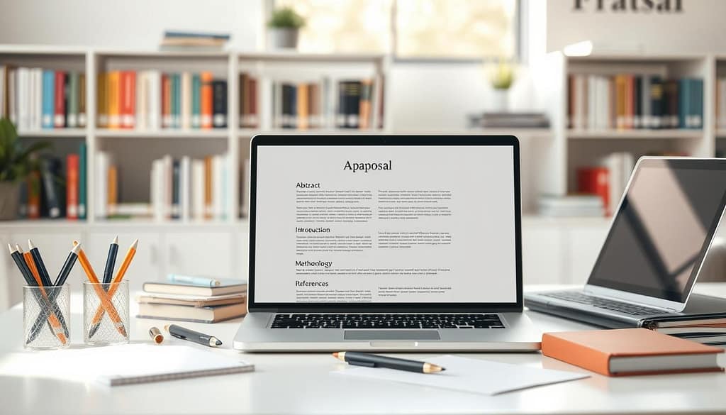 A visually engaging academic proposal template displayed prominently on a clean, modern desk surrounded by essential stationery items like pens, notepads, and a laptop. The template should have a structured layout with clearly defined sections for the title, abstract, introduction, methodology, and references, utilizing elegant typography and a professional color scheme. In the background, softly blurred shelves filled with academic books create a scholarly atmosphere. Natural light streams from a nearby window, illuminating the scene and casting gentle shadows, creating a warm and inviting mood. The focus is on clarity and organization, reflecting a professional environment conducive to academic work. A visually engaging academic proposal template displayed prominently on a clean, modern desk surrounded by essential stationery items like pens, notepads, and a laptop. The template should have a structured layout with clearly defined sections for the title, abstract, introduction, methodology, and references, utilizing elegant typography and a professional color scheme. In the background, softly blurred shelves filled with academic books create a scholarly atmosphere. Natural light streams from a nearby window, illuminating the scene and casting gentle shadows, creating a warm and inviting mood. The focus is on clarity and organization, reflecting a professional environment conducive to academic work.