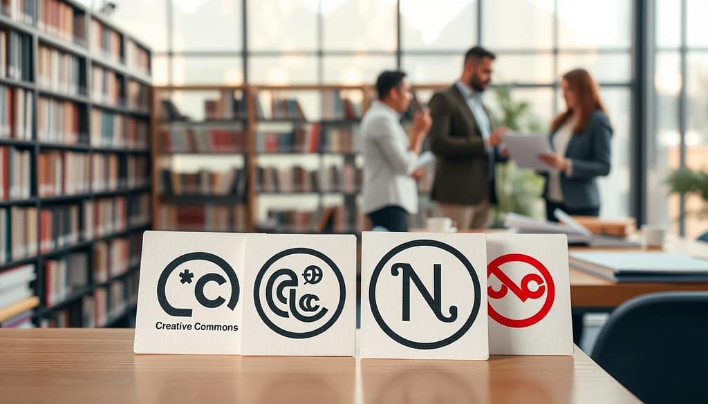 A visually engaging representation of Creative Commons licensing options for academic publishing, featuring a balanced composition. In the foreground, a variety of Creative Commons license icons are depicted, such as the Attribution, Share-Alike, Non-Commercial, and No Derivative Works symbols, intricately designed and color-coded for clarity. The middle layer includes a stylized depiction of a university library, with shelves of books and scholarly journals, symbolizing the academic publishing landscape. The background features a collaborative workspace with diverse professionals in business attire discussing and reviewing documents, emphasizing collaboration in scholarly work. Soft, warm lighting filters through large windows, creating an inviting atmosphere that promotes intellectual exchange. The overall mood is informative and inspiring, capturing the essence of creativity and collaboration in academia. A visually engaging representation of Creative Commons licensing options for academic publishing, featuring a balanced composition. In the foreground, a variety of Creative Commons license icons are depicted, such as the Attribution, Share-Alike, Non-Commercial, and No Derivative Works symbols, intricately designed and color-coded for clarity. The middle layer includes a stylized depiction of a university library, with shelves of books and scholarly journals, symbolizing the academic publishing landscape. The background features a collaborative workspace with diverse professionals in business attire discussing and reviewing documents, emphasizing collaboration in scholarly work. Soft, warm lighting filters through large windows, creating an inviting atmosphere that promotes intellectual exchange. The overall mood is informative and inspiring, capturing the essence of creativity and collaboration in academia.