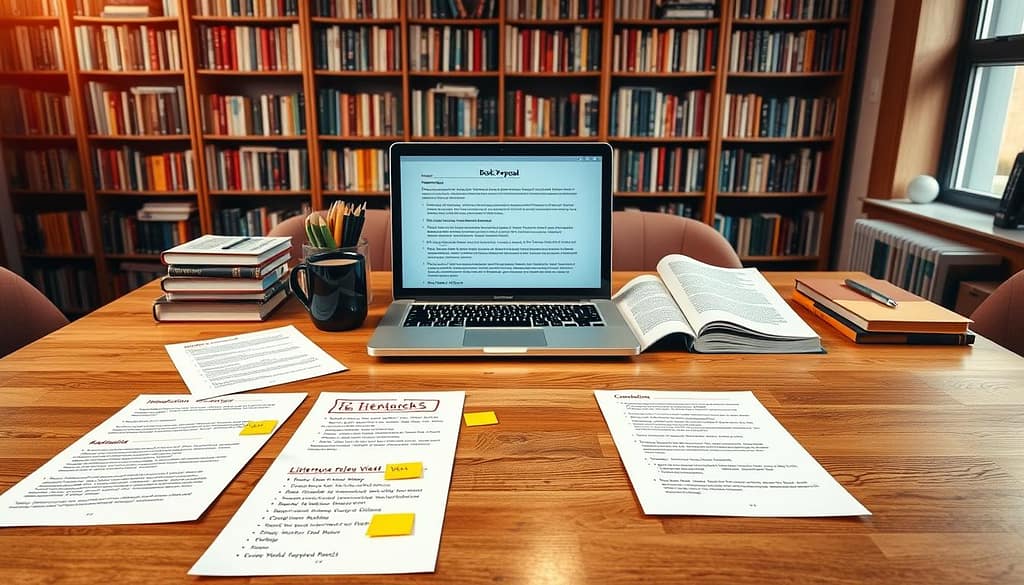 An academic workspace featuring a well-structured book proposal layout on a large wooden desk. In the foreground, several neatly organized papers outline key sections of a book proposal, such as Introduction, Literature Review, Methodology, and Conclusion, with colorful sticky notes and annotations. In the middle, there's a professional laptop displaying a detailed outline of a proposal on its screen, surrounded by academic books and a stylish coffee mug. The background showcases a large bookshelf filled with various scholarly texts and a window with soft, natural lighting that reflects a calm, focused atmosphere. The overall mood is one of productivity and professionalism, with a warm color palette to create an inviting environment. An academic workspace featuring a well-structured book proposal layout on a large wooden desk. In the foreground, several neatly organized papers outline key sections of a book proposal, such as Introduction, Literature Review, Methodology, and Conclusion, with colorful sticky notes and annotations. In the middle, there's a professional laptop displaying a detailed outline of a proposal on its screen, surrounded by academic books and a stylish coffee mug. The background showcases a large bookshelf filled with various scholarly texts and a window with soft, natural lighting that reflects a calm, focused atmosphere. The overall mood is one of productivity and professionalism, with a warm color palette to create an inviting environment.
