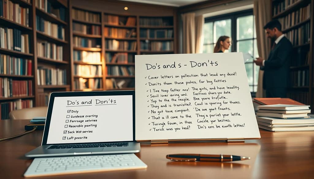 An elegant workspace scene illustrating "Do's and Don'ts" for academic submission cover letter tips. In the foreground, a neatly arranged desk holds a laptop open to a document with a checklist of do's on one side and don'ts on the other, alongside a stylish pen. In the middle, a large notepad displays handwritten tips in legible, professional handwriting, emphasizing clarity and precision. The background features a cozy library with shelves filled with academic texts, softly lit by warm ambient light that creates an inviting atmosphere. A pair of well-dressed individuals, one engaged in discussion and the other taking notes, convey a sense of collaboration and professionalism. Natural sunlight filters through a nearby window, enhancing the overall mood of inspiration and focus. An elegant workspace scene illustrating "Do's and Don'ts" for academic submission cover letter tips. In the foreground, a neatly arranged desk holds a laptop open to a document with a checklist of do's on one side and don'ts on the other, alongside a stylish pen. In the middle, a large notepad displays handwritten tips in legible, professional handwriting, emphasizing clarity and precision. The background features a cozy library with shelves filled with academic texts, softly lit by warm ambient light that creates an inviting atmosphere. A pair of well-dressed individuals, one engaged in discussion and the other taking notes, convey a sense of collaboration and professionalism. Natural sunlight filters through a nearby window, enhancing the overall mood of inspiration and focus.