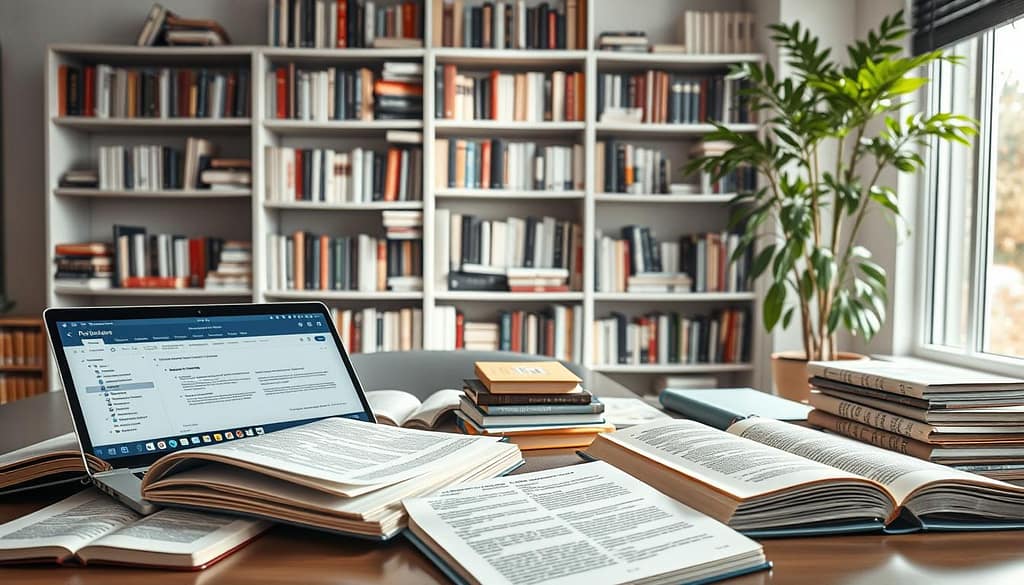 A detailed scene depicting a professional workspace focused on manuscript formatting and reference management. In the foreground, a sleek, modern desk cluttered with open academic journals, a laptop displaying a reference management software interface, and a notepad filled with organized citations. In the middle, a large bookshelf filled with neatly arranged academic books and guides on academic writing and referencing styles. Soft, natural lighting floods the room from a nearby window, creating a warm and inviting atmosphere conducive to focused work. In the background, a large potted plant vibrant with greenery adds a touch of life to the scholarly environment. The composition is captured from a slightly elevated angle to showcase the workspace from above, evoking a sense of professionalism and dedication to academic publishing success. A detailed scene depicting a professional workspace focused on manuscript formatting and reference management. In the foreground, a sleek, modern desk cluttered with open academic journals, a laptop displaying a reference management software interface, and a notepad filled with organized citations. In the middle, a large bookshelf filled with neatly arranged academic books and guides on academic writing and referencing styles. Soft, natural lighting floods the room from a nearby window, creating a warm and inviting atmosphere conducive to focused work. In the background, a large potted plant vibrant with greenery adds a touch of life to the scholarly environment. The composition is captured from a slightly elevated angle to showcase the workspace from above, evoking a sense of professionalism and dedication to academic publishing success.
