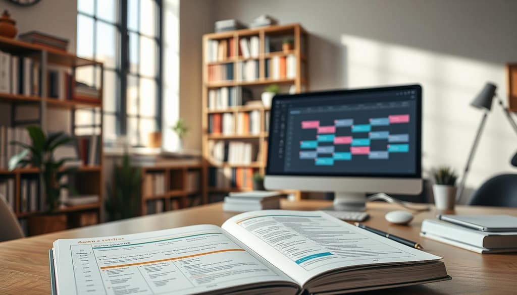 A modern and organized academic workflow schedule depicted in a well-lit, professional office environment. In the foreground, a detailed planner and notebook are open, showcasing a color-coded timeline with deadlines and tasks. The middle ground features a digital calendar displayed on a sleek computer screen, emphasizing structured project management. In the background, a cozy bookshelf filled with academic journals and reference materials adds depth. Soft, natural light streams in through a large window, creating a calm and productive atmosphere. The overall mood is focused and efficient, representing a meticulous approach to deadline management for academic authors and editors. The image emphasizes clarity, professionalism, and strategic planning without any textual elements or distractions. A modern and organized academic workflow schedule depicted in a well-lit, professional office environment. In the foreground, a detailed planner and notebook are open, showcasing a color-coded timeline with deadlines and tasks. The middle ground features a digital calendar displayed on a sleek computer screen, emphasizing structured project management. In the background, a cozy bookshelf filled with academic journals and reference materials adds depth. Soft, natural light streams in through a large window, creating a calm and productive atmosphere. The overall mood is focused and efficient, representing a meticulous approach to deadline management for academic authors and editors. The image emphasizes clarity, professionalism, and strategic planning without any textual elements or distractions.