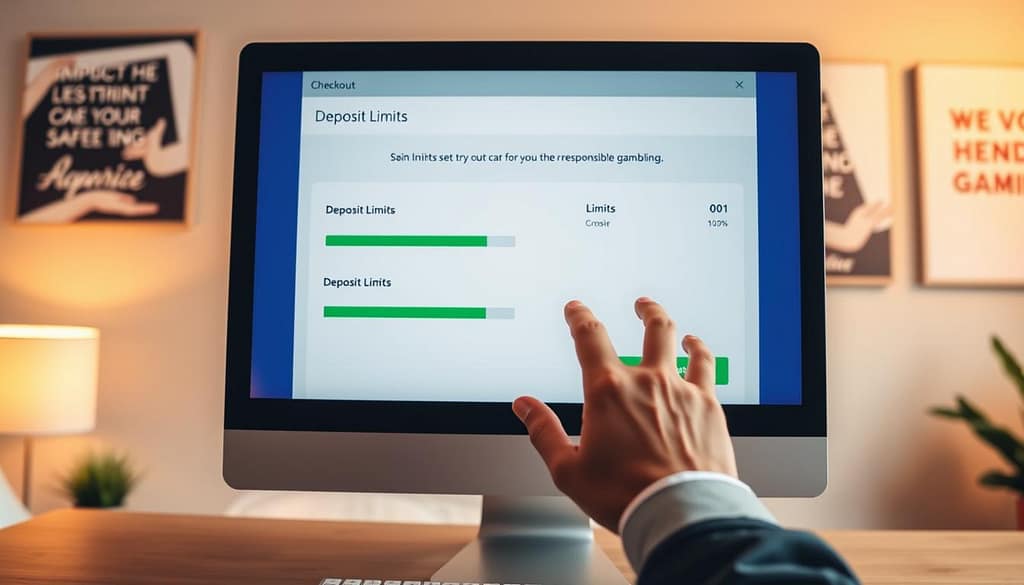 A modern checkout screen displayed on a desktop computer, featuring a focus on deposit limits for responsible gambling. In the foreground, the screen shows options for setting a deposit amount with green and red sliders to represent limits, accompanied by a simple, user-friendly interface. In the middle ground, a pair of hands in business attire gently navigate the screen, demonstrating the importance of setting limits. The background features a softly lit room with motivational posters about responsible gambling, creating an atmosphere of mindfulness and care. The lighting is warm and inviting, emphasizing a safe and professional setting. The angle is slightly elevated to provide a clear view of the checkout screen while keeping the focus on the hands and the technology used, evoking a sense of responsibility and control. A modern checkout screen displayed on a desktop computer, featuring a focus on deposit limits for responsible gambling. In the foreground, the screen shows options for setting a deposit amount with green and red sliders to represent limits, accompanied by a simple, user-friendly interface. In the middle ground, a pair of hands in business attire gently navigate the screen, demonstrating the importance of setting limits. The background features a softly lit room with motivational posters about responsible gambling, creating an atmosphere of mindfulness and care. The lighting is warm and inviting, emphasizing a safe and professional setting. The angle is slightly elevated to provide a clear view of the checkout screen while keeping the focus on the hands and the technology used, evoking a sense of responsibility and control.