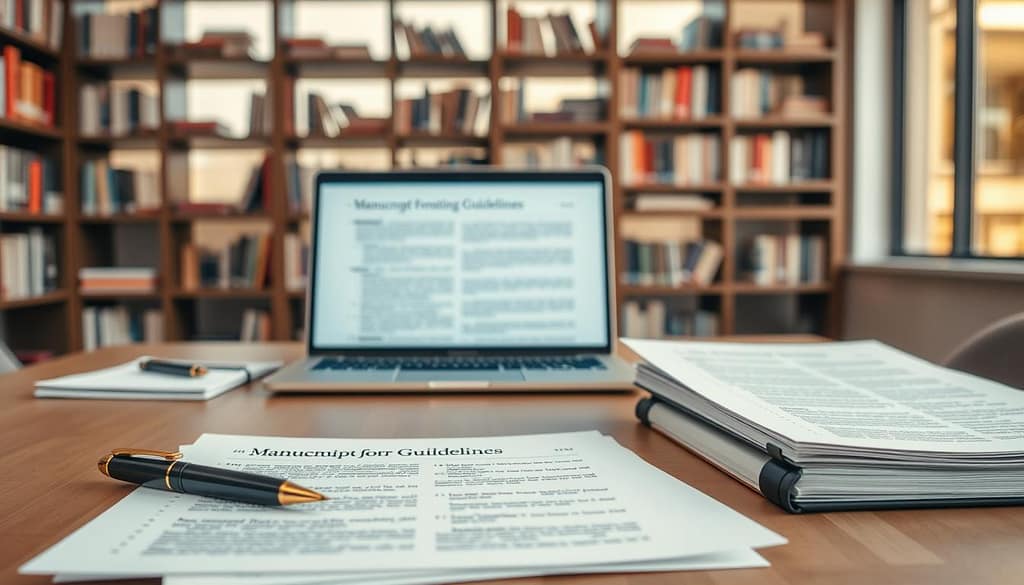 A modern office setting showcasing an elegant tablescape featuring a collection of well-organized manuscript formatting guidelines. In the foreground, a neatly arranged stack of papers, with visible headers like "Font Size", "Margins", and "Citation Style". A stylish pen and a high-quality notebook are placed beside the stack. In the middle, a laptop displays a digital version of the guidelines, its screen glowing softly. The background includes a bookshelf filled with academic journals and a large window allowing warm, natural light to flood in, creating a bright, inviting atmosphere. The overall mood should reflect professionalism and clarity, ensuring that the scene speaks to the meticulous nature of academic publishing. A modern office setting showcasing an elegant tablescape featuring a collection of well-organized manuscript formatting guidelines. In the foreground, a neatly arranged stack of papers, with visible headers like "Font Size", "Margins", and "Citation Style". A stylish pen and a high-quality notebook are placed beside the stack. In the middle, a laptop displays a digital version of the guidelines, its screen glowing softly. The background includes a bookshelf filled with academic journals and a large window allowing warm, natural light to flood in, creating a bright, inviting atmosphere. The overall mood should reflect professionalism and clarity, ensuring that the scene speaks to the meticulous nature of academic publishing.