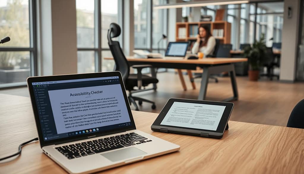 A modern workspace showcasing a variety of accessibility editorial tools, with a focus on technology that enhances academic publishing. In the foreground, a sleek laptop with a clean interface displays an accessibility checker, next to a tablet featuring text-to-speech software. In the middle ground, a comfortable ergonomic chair is positioned beside a sturdy desk adorned with a range of assistive devices including a braille display, large print materials, and a graphic tablet for illustration. The background reveals a well-lit, contemporary office setting with large windows filtering in soft natural light, creating a calm and inspiring atmosphere. The scene is shot from a slightly elevated angle, capturing the essence of a hub for innovation and inclusivity in academia. A modern workspace showcasing a variety of accessibility editorial tools, with a focus on technology that enhances academic publishing. In the foreground, a sleek laptop with a clean interface displays an accessibility checker, next to a tablet featuring text-to-speech software. In the middle ground, a comfortable ergonomic chair is positioned beside a sturdy desk adorned with a range of assistive devices including a braille display, large print materials, and a graphic tablet for illustration. The background reveals a well-lit, contemporary office setting with large windows filtering in soft natural light, creating a calm and inspiring atmosphere. The scene is shot from a slightly elevated angle, capturing the essence of a hub for innovation and inclusivity in academia.