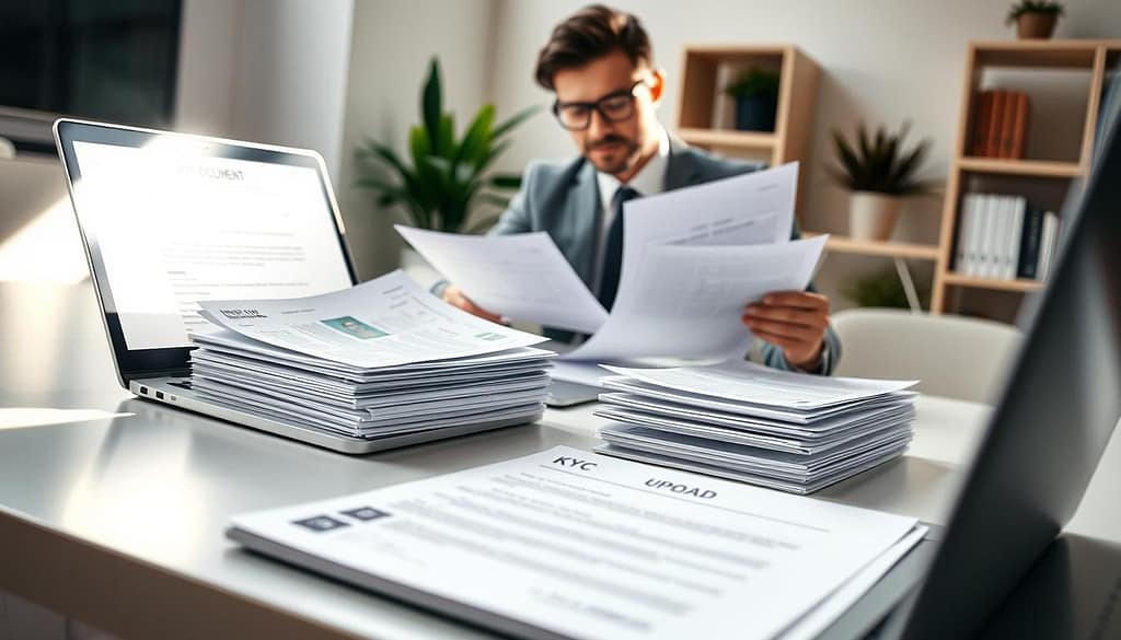 A neatly organized workspace featuring a stack of KYC documents, including an ID, utility bill, and bank letter, arranged on a sleek desk. In the foreground, a laptop is open with a secure upload interface visible on the screen, casting a gentle glow. The middle section showcases an individual, dressed in professional business attire, carefully reviewing the documents, exuding focus and diligence. Soft, natural light streams in from a nearby window, highlighting the organized chaos of paperwork while maintaining a calm and secure atmosphere. The background hints at a minimalist office style with potted plants and bookshelves, enhancing the mood of professionalism and security. The composition should be framed with a slight top-down angle, providing depth and context to the verification process. A neatly organized workspace featuring a stack of KYC documents, including an ID, utility bill, and bank letter, arranged on a sleek desk. In the foreground, a laptop is open with a secure upload interface visible on the screen, casting a gentle glow. The middle section showcases an individual, dressed in professional business attire, carefully reviewing the documents, exuding focus and diligence. Soft, natural light streams in from a nearby window, highlighting the organized chaos of paperwork while maintaining a calm and secure atmosphere. The background hints at a minimalist office style with potted plants and bookshelves, enhancing the mood of professionalism and security. The composition should be framed with a slight top-down angle, providing depth and context to the verification process.