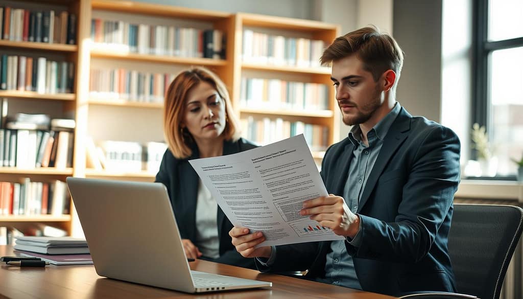 A professional academic editor and a researcher are engaged in a focused discussion about reviewer feedback on a manuscript. In the foreground, the editor, a middle-aged woman suited in a smart blazer, sits at a desk, holding a document with annotated reviewer comments. The researcher, a young man wearing a button-up shirt, leans forward, listening intently. In the middle ground, a laptop displays graphs and charts related to their discussion. The background features bookshelves filled with academic texts and a large window allowing soft, natural light to illuminate the scene, creating a warm, productive atmosphere. The composition captures a sense of collaboration and professionalism, emphasizing the importance of clear communication between authors and editors in the publishing process. A professional academic editor and a researcher are engaged in a focused discussion about reviewer feedback on a manuscript. In the foreground, the editor, a middle-aged woman suited in a smart blazer, sits at a desk, holding a document with annotated reviewer comments. The researcher, a young man wearing a button-up shirt, leans forward, listening intently. In the middle ground, a laptop displays graphs and charts related to their discussion. The background features bookshelves filled with academic texts and a large window allowing soft, natural light to illuminate the scene, creating a warm, productive atmosphere. The composition captures a sense of collaboration and professionalism, emphasizing the importance of clear communication between authors and editors in the publishing process.