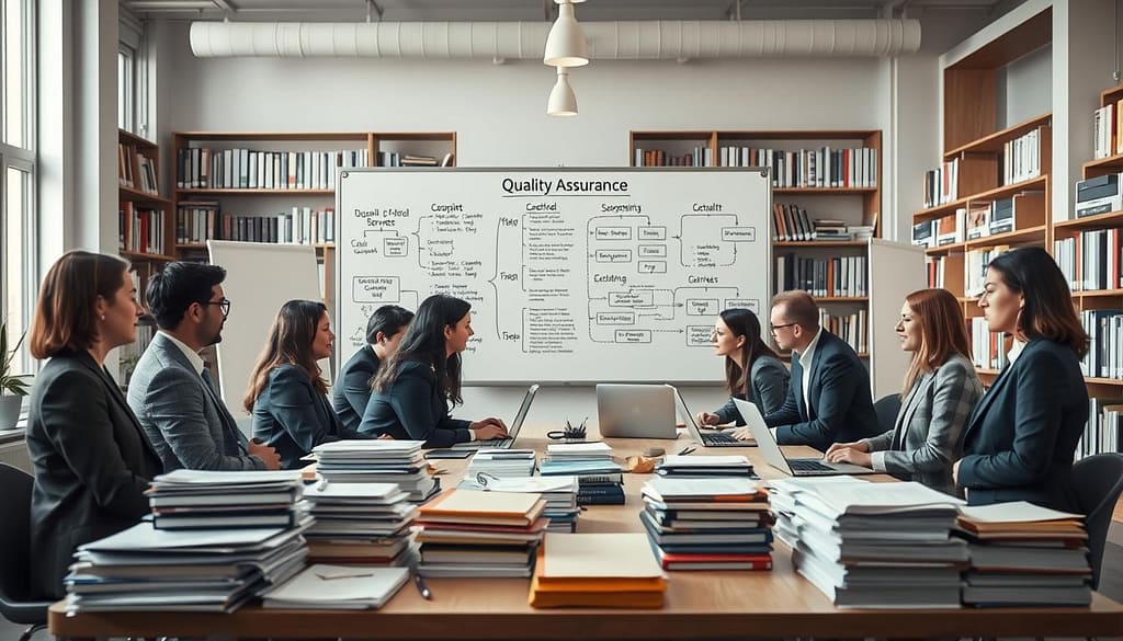 A professional academic workflow scene depicting quality assurance processes in an editorial setting. In the foreground, a diverse group of individuals in smart business attire are engaged in a discussion around a large table, surrounded by stacks of papers and laptops. The middle ground showcases a whiteboard filled with flowcharts and checklists emphasizing quality control steps. In the background, shelves lined with academic journals and books create an organized, scholarly atmosphere. Soft, natural lighting filters through large windows, casting a warm glow, while a slight tilt angle adds dynamism. The mood is focused and collaborative, highlighting the importance of thorough review processes in academic publishing. A professional academic workflow scene depicting quality assurance processes in an editorial setting. In the foreground, a diverse group of individuals in smart business attire are engaged in a discussion around a large table, surrounded by stacks of papers and laptops. The middle ground showcases a whiteboard filled with flowcharts and checklists emphasizing quality control steps. In the background, shelves lined with academic journals and books create an organized, scholarly atmosphere. Soft, natural lighting filters through large windows, casting a warm glow, while a slight tilt angle adds dynamism. The mood is focused and collaborative, highlighting the importance of thorough review processes in academic publishing.