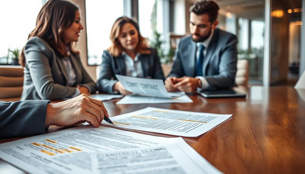 A professional office setting featuring a diverse group of scholars engaged in a serious discussion about contract negotiations, particularly focusing on a termination clause. In the foreground, a close-up of documents spread across a polished wooden table, revealing highlighted text and annotations. In the middle ground, two individuals—one male and one female, both in formal business attire—are seated and pointing to specific clauses in the documents, deep in conversation. The background shows a modern conference room with a large window, allowing natural light to flood the space, enhancing the serious yet collaborative atmosphere. Soft focus on the surroundings emphasizes the scholarly dialogue, creating an informed and focused mood. The lighting is warm and inviting, casting gentle shadows that add depth to the scene. A professional office setting featuring a diverse group of scholars engaged in a serious discussion about contract negotiations, particularly focusing on a termination clause. In the foreground, a close-up of documents spread across a polished wooden table, revealing highlighted text and annotations. In the middle ground, two individuals—one male and one female, both in formal business attire—are seated and pointing to specific clauses in the documents, deep in conversation. The background shows a modern conference room with a large window, allowing natural light to flood the space, enhancing the serious yet collaborative atmosphere. Soft focus on the surroundings emphasizes the scholarly dialogue, creating an informed and focused mood. The lighting is warm and inviting, casting gentle shadows that add depth to the scene.