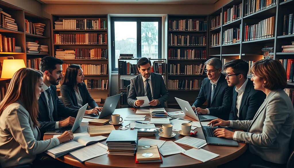 A professional setting depicting an academic peer review session. In the foreground, a diverse group of researchers in business attire, focused and engaged, surrounded by open laptops and stacks of academic papers. In the middle ground, a large round table littered with notes, highlighters, and coffee cups, with one individual presenting findings to the others with gestures. The background features bookshelves filled with scholarly journals and texts, softly illuminated by warm, ambient lighting that creates a collaborative atmosphere. A window allows natural light to filter in, enhancing a sense of openness and intellectual curiosity. The overall mood should inspire motivation and focus, capturing the essence of becoming an effective peer reviewer in academic publishing. A professional setting depicting an academic peer review session. In the foreground, a diverse group of researchers in business attire, focused and engaged, surrounded by open laptops and stacks of academic papers. In the middle ground, a large round table littered with notes, highlighters, and coffee cups, with one individual presenting findings to the others with gestures. The background features bookshelves filled with scholarly journals and texts, softly illuminated by warm, ambient lighting that creates a collaborative atmosphere. A window allows natural light to filter in, enhancing a sense of openness and intellectual curiosity. The overall mood should inspire motivation and focus, capturing the essence of becoming an effective peer reviewer in academic publishing.