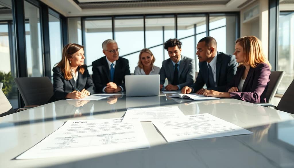 A professional setting showcasing a negotiation scene for academic publishing advance payments. In the foreground, a diverse group of three scholars, two men and one woman, are seated around a polished conference table, dressed in professional business attire. They are engaged in an animated discussion, with papers and a laptop open in front of them. The middle layer features documents with charts and payment terms, symbolizing contract negotiations. The background includes a modern office environment with large windows allowing daylight to filter in, creating a bright and inviting atmosphere. Soft shadows are cast across the room, conveying a sense of seriousness and focus. The image captures the essence of intellectual collaboration and negotiation, emphasizing professionalism and determination. A professional setting showcasing a negotiation scene for academic publishing advance payments. In the foreground, a diverse group of three scholars, two men and one woman, are seated around a polished conference table, dressed in professional business attire. They are engaged in an animated discussion, with papers and a laptop open in front of them. The middle layer features documents with charts and payment terms, symbolizing contract negotiations. The background includes a modern office environment with large windows allowing daylight to filter in, creating a bright and inviting atmosphere. Soft shadows are cast across the room, conveying a sense of seriousness and focus. The image captures the essence of intellectual collaboration and negotiation, emphasizing professionalism and determination.