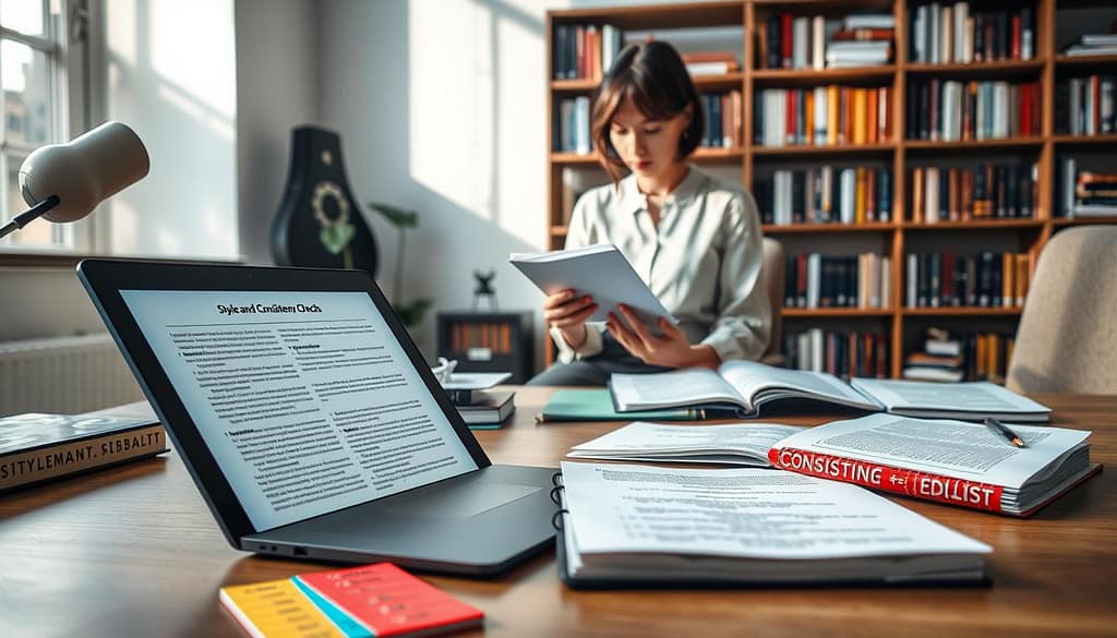 A professional workspace illustrating "Style and Consistency Checks" for academic publication. In the foreground, a neatly arranged desk features an open laptop displaying a document filled with text, alongside color-coded style guides and checklists in a traditional paper format. In the middle ground, an academic editor in a smart blouse and slacks reviews a printed manuscript, with a focused expression, while holding a red pen for annotations. The background shows shelves filled with books on writing and editing, creating an ambiance of knowledge. Soft, natural lighting filters through a nearby window, casting gentle shadows. The overall mood is one of diligence and professionalism, emphasizing the importance of meticulous review in academic publishing. A professional workspace illustrating "Style and Consistency Checks" for academic publication. In the foreground, a neatly arranged desk features an open laptop displaying a document filled with text, alongside color-coded style guides and checklists in a traditional paper format. In the middle ground, an academic editor in a smart blouse and slacks reviews a printed manuscript, with a focused expression, while holding a red pen for annotations. The background shows shelves filled with books on writing and editing, creating an ambiance of knowledge. Soft, natural lighting filters through a nearby window, casting gentle shadows. The overall mood is one of diligence and professionalism, emphasizing the importance of meticulous review in academic publishing.