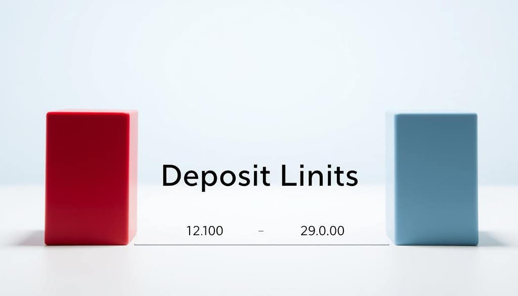 A sleek, modern chart depicting deposit limits, featuring a clear comparison of minimum and maximum values. In the foreground, two distinct colored bars represent the minimum and maximum deposit amounts, visually emphasizing the differences. The middle section includes numerical labels for each limit, creating a straightforward and professional look. The background showcases a subtle gradient, transitioning from a soft blue at the top to white at the bottom, conveying a sense of calm and clarity. Soft, balanced lighting enhances the chart's features, casting gentle shadows for depth, while a close-up angle provides an intimate view of the chart. The atmosphere is professional and informative, making it suitable for an educational context. No text or additional elements are included, ensuring focus on the chart itself. A sleek, modern chart depicting deposit limits, featuring a clear comparison of minimum and maximum values. In the foreground, two distinct colored bars represent the minimum and maximum deposit amounts, visually emphasizing the differences. The middle section includes numerical labels for each limit, creating a straightforward and professional look. The background showcases a subtle gradient, transitioning from a soft blue at the top to white at the bottom, conveying a sense of calm and clarity. Soft, balanced lighting enhances the chart's features, casting gentle shadows for depth, while a close-up angle provides an intimate view of the chart. The atmosphere is professional and informative, making it suitable for an educational context. No text or additional elements are included, ensuring focus on the chart itself.