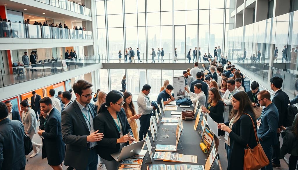 A vibrant academic conference scene set in a modern multi-story building, bustling with diverse professionals engaging in discussions and networking. In the foreground, a group of scholars in professional attire, including men and women of various ethnicities, are animatedly exchanging ideas over a laptop. The middle ground showcases tables filled with colorful brochures and posters advertising international journals and publication opportunities. The background features a large window overlooking a city skyline, allowing bright natural light to flood the space, creating an inspiring atmosphere. Use a wide-angle lens to capture the dynamic environment, with warm, inviting ambient lighting that enhances the feeling of collaboration and aspiration in the pursuit of academic success. A vibrant academic conference scene set in a modern multi-story building, bustling with diverse professionals engaging in discussions and networking. In the foreground, a group of scholars in professional attire, including men and women of various ethnicities, are animatedly exchanging ideas over a laptop. The middle ground showcases tables filled with colorful brochures and posters advertising international journals and publication opportunities. The background features a large window overlooking a city skyline, allowing bright natural light to flood the space, creating an inspiring atmosphere. Use a wide-angle lens to capture the dynamic environment, with warm, inviting ambient lighting that enhances the feeling of collaboration and aspiration in the pursuit of academic success.