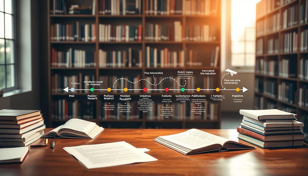A visually engaging academic career planning timeline represented as a series of interconnected arrows and milestones, flowing backward from a climactic event like a major publication or tenure achievement. In the foreground, a polished wooden desk is strewn with scholarly books and documents, hinting at research efforts. The middle of the image depicts an intricate timeline layout with various academic milestones such as "PhD completion," "Postdoc Research," and "First Publication," each highlighted with a distinctive color. In the background, a softly lit library setting with shelves of academic journals creates an atmosphere of scholarly pursuit. Natural lighting filters through a window, giving a warm and inviting feel. The overall mood reflects professionalism, aspiration, and strategic planning for academic success. A visually engaging academic career planning timeline represented as a series of interconnected arrows and milestones, flowing backward from a climactic event like a major publication or tenure achievement. In the foreground, a polished wooden desk is strewn with scholarly books and documents, hinting at research efforts. The middle of the image depicts an intricate timeline layout with various academic milestones such as "PhD completion," "Postdoc Research," and "First Publication," each highlighted with a distinctive color. In the background, a softly lit library setting with shelves of academic journals creates an atmosphere of scholarly pursuit. Natural lighting filters through a window, giving a warm and inviting feel. The overall mood reflects professionalism, aspiration, and strategic planning for academic success.