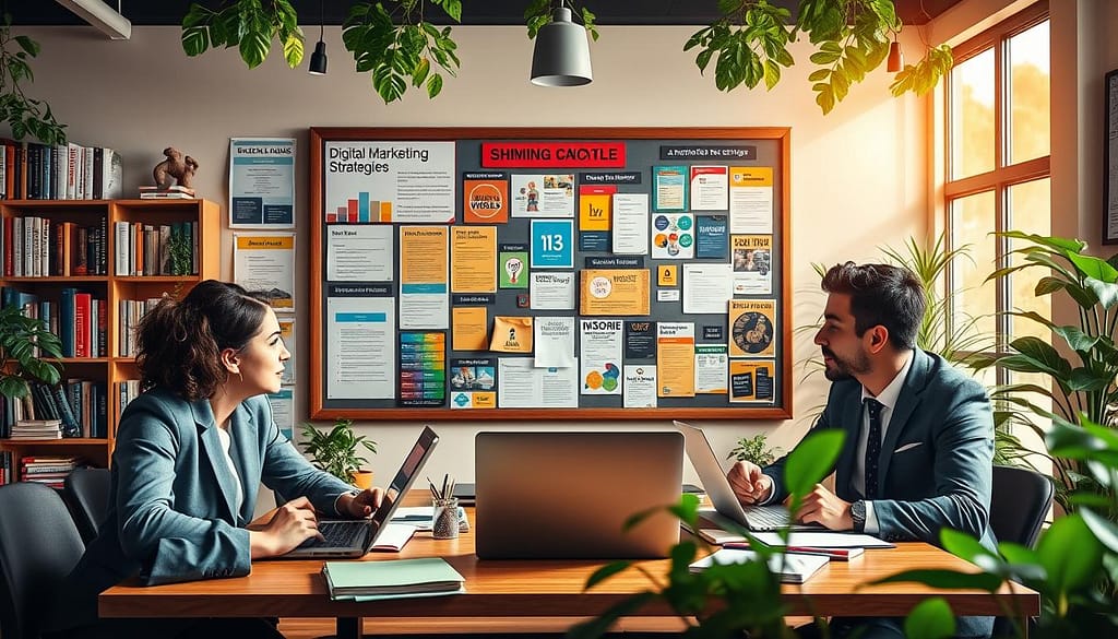 A visually engaging illustration of the academic publishing lifecycle's promotion and dissemination strategies. In the foreground, depict a diverse group of professionals—two women in business attire and one man in a smart casual outfit—engaged in a brainstorming session with laptops and notebooks in front of them. In the middle, show a large bulletin board filled with colorful posters, digital marketing strategies, and exciting visuals promoting various academic works. The background features a cozy, modern office space with bookshelves filled with publications, a large window letting in warm, natural light, and leafy plants to create an inviting atmosphere. Use a wide-angle lens to emphasize the collaborative environment, and maintain a vibrant, dynamic mood that reflects creativity and enthusiasm in academia. A visually engaging illustration of the academic publishing lifecycle's promotion and dissemination strategies. In the foreground, depict a diverse group of professionals—two women in business attire and one man in a smart casual outfit—engaged in a brainstorming session with laptops and notebooks in front of them. In the middle, show a large bulletin board filled with colorful posters, digital marketing strategies, and exciting visuals promoting various academic works. The background features a cozy, modern office space with bookshelves filled with publications, a large window letting in warm, natural light, and leafy plants to create an inviting atmosphere. Use a wide-angle lens to emphasize the collaborative environment, and maintain a vibrant, dynamic mood that reflects creativity and enthusiasm in academia.