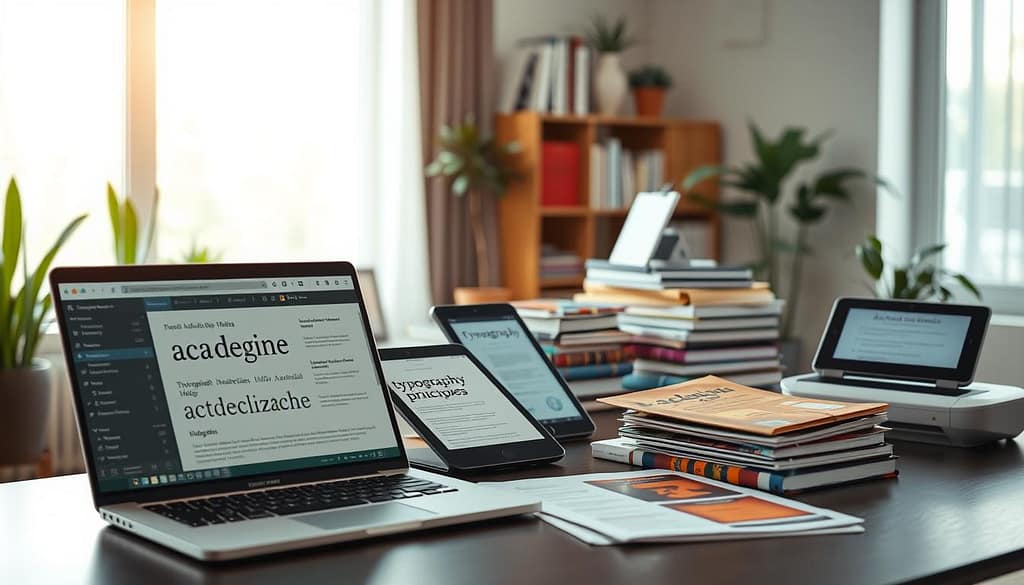 A well-organized workspace featuring modern software tools for academic typography. In the foreground, a sleek laptop with design software open, showcasing elegant font styles and formatting options. Next to it, colorful printed samples of academic layouts, such as book covers and journal pages. In the middle ground, an ergonomic desk piled with books on typography and design principles, a digital tablet displaying a typography app, and a high-quality scanner. The background includes a large window allowing soft, natural light to illuminate the scene, with a few potted plants for a touch of greenery. The overall mood is professional and creative, encouraging focus and inspiration in academic design. Use a slightly blurred bokeh effect in the background to emphasize the workspace. A well-organized workspace featuring modern software tools for academic typography. In the foreground, a sleek laptop with design software open, showcasing elegant font styles and formatting options. Next to it, colorful printed samples of academic layouts, such as book covers and journal pages. In the middle ground, an ergonomic desk piled with books on typography and design principles, a digital tablet displaying a typography app, and a high-quality scanner. The background includes a large window allowing soft, natural light to illuminate the scene, with a few potted plants for a touch of greenery. The overall mood is professional and creative, encouraging focus and inspiration in academic design. Use a slightly blurred bokeh effect in the background to emphasize the workspace.
