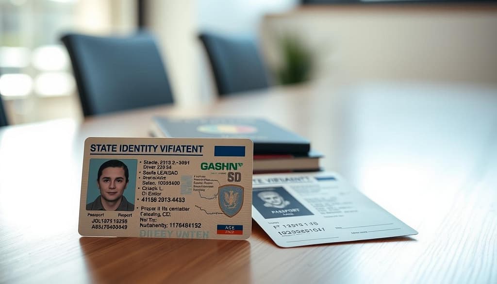 A collection of state identity verification documents related to betting, prominently displayed on a sleek wooden desk. In the foreground, focus on a detailed driver's license featuring a clear photo, name, and address, alongside a state-issued ID with various security features visible. In the middle ground, include a passport stacked neatly beside these documents, emphasizing residency and age validation. The background shows a subtle blur of a modern office setting with soft, natural lighting streaming through a window, casting gentle shadows. The overall mood is professional and organized, reflecting the seriousness of identity verification for betting purposes. Capture the essence of clarity and security in the setup, ensuring it conveys trustworthiness and compliance without any text or digital overlays. A collection of state identity verification documents related to betting, prominently displayed on a sleek wooden desk. In the foreground, focus on a detailed driver's license featuring a clear photo, name, and address, alongside a state-issued ID with various security features visible. In the middle ground, include a passport stacked neatly beside these documents, emphasizing residency and age validation. The background shows a subtle blur of a modern office setting with soft, natural lighting streaming through a window, casting gentle shadows. The overall mood is professional and organized, reflecting the seriousness of identity verification for betting purposes. Capture the essence of clarity and security in the setup, ensuring it conveys trustworthiness and compliance without any text or digital overlays.