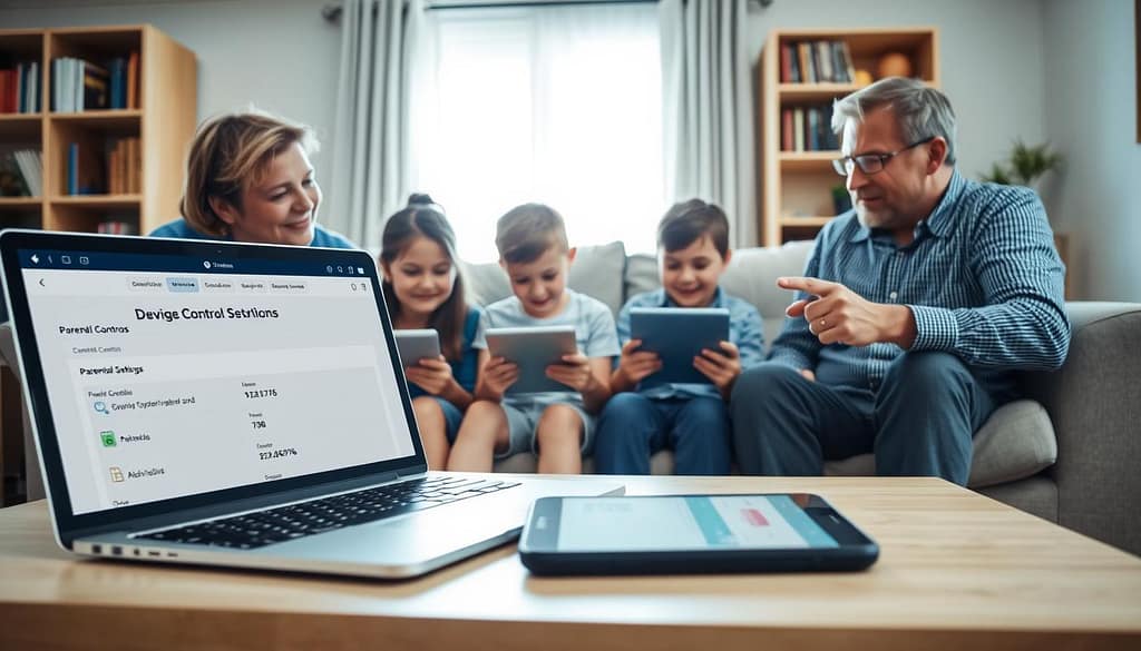 A cozy living room setting featuring a family gathered around a coffee table, with two parents discussing device restrictions for their children. In the foreground, a laptop is open displaying parental control settings, while a smartphone lies next to it showing app usage statistics. The parents, dressed in casual but professional attire, appear engaged and focused, with the father pointing at the screen. In the middle, an excited teenager and a younger child are interacting with their tablets, looking curious yet attentive to the conversation. The background features a well-decorated bookshelf and a window with soft natural light streaming in, creating a warm and inviting atmosphere. The image should evoke a sense of responsibility and family unity in managing technology use. A cozy living room setting featuring a family gathered around a coffee table, with two parents discussing device restrictions for their children. In the foreground, a laptop is open displaying parental control settings, while a smartphone lies next to it showing app usage statistics. The parents, dressed in casual but professional attire, appear engaged and focused, with the father pointing at the screen. In the middle, an excited teenager and a younger child are interacting with their tablets, looking curious yet attentive to the conversation. The background features a well-decorated bookshelf and a window with soft natural light streaming in, creating a warm and inviting atmosphere. The image should evoke a sense of responsibility and family unity in managing technology use.