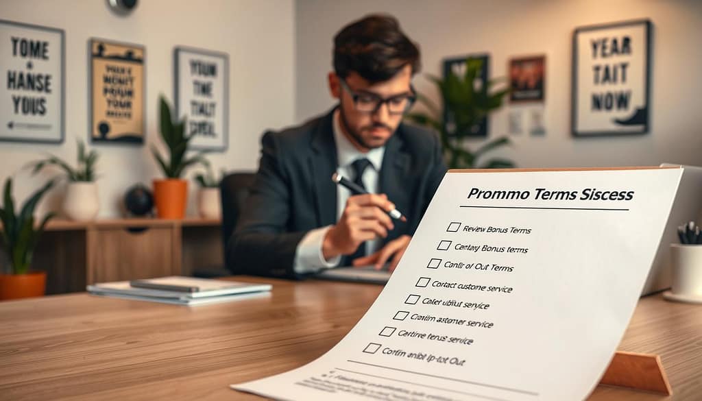 A detailed checklist on a clean, modern desk surrounded by a soothing office environment. In the foreground, there’s a neat checklist titled “Promo Terms Opt-Out Process” with bullet points outlining steps such as “Review Bonus Terms,” “Contact Customer Service,” and “Confirm Opt-Out.” In the middle, a professional-looking person in business attire is thoughtfully reviewing the checklist, with a pen in hand, focused and engaged. The background features a softly lit office with plants, a laptop, and motivational posters on the walls, creating a calm, productive atmosphere. The lighting is warm and inviting, with a slight depth of field to emphasize the checklist and the person, enhancing the mood of clarity and professionalism. A detailed checklist on a clean, modern desk surrounded by a soothing office environment. In the foreground, there’s a neat checklist titled “Promo Terms Opt-Out Process” with bullet points outlining steps such as “Review Bonus Terms,” “Contact Customer Service,” and “Confirm Opt-Out.” In the middle, a professional-looking person in business attire is thoughtfully reviewing the checklist, with a pen in hand, focused and engaged. The background features a softly lit office with plants, a laptop, and motivational posters on the walls, creating a calm, productive atmosphere. The lighting is warm and inviting, with a slight depth of field to emphasize the checklist and the person, enhancing the mood of clarity and professionalism.