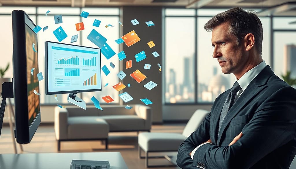 A dynamic and informative scene illustrating the concepts of payment reversals and chargebacks. In the foreground, depict a concerned business professional in a smart, tailored suit, looking at a computer screen displaying charts and graphs related to transaction disputes. The middle ground features a stylized, abstract representation of credit cards and currency symbols swirling around, symbolizing transactions and disruptions. In the background, a modern office environment with soft, natural lighting creates a productive atmosphere, with sleek furniture and a large window revealing a cityscape. The overall mood is serious yet focused, emphasizing the importance of understanding payment reversibility and the complexities of chargebacks in financial transactions. A dynamic and informative scene illustrating the concepts of payment reversals and chargebacks. In the foreground, depict a concerned business professional in a smart, tailored suit, looking at a computer screen displaying charts and graphs related to transaction disputes. The middle ground features a stylized, abstract representation of credit cards and currency symbols swirling around, symbolizing transactions and disruptions. In the background, a modern office environment with soft, natural lighting creates a productive atmosphere, with sleek furniture and a large window revealing a cityscape. The overall mood is serious yet focused, emphasizing the importance of understanding payment reversibility and the complexities of chargebacks in financial transactions.