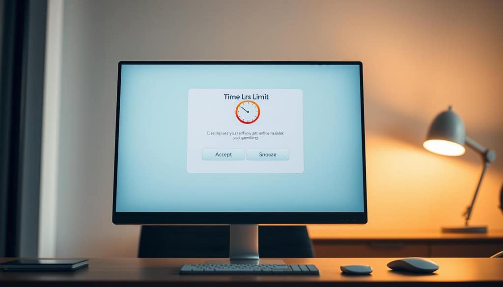 A modern digital interface on a sleek computer screen displaying a realistic time limits reminder pop-up. The foreground features the pop-up window with engaging visuals, showing a clock icon and colorful countdown timer, all set against a soft-focus background of a stylish, well-lit office environment. The middle layer highlights a set of clear buttons for "Accept" and "Snooze," designed with a user-friendly layout. In the background, an illuminated desk lamp casts warm light, creating a professional atmosphere. The overall mood is calm yet informative, emphasizing responsible time management in a gambling context, with no text or branding visible. A modern digital interface on a sleek computer screen displaying a realistic time limits reminder pop-up. The foreground features the pop-up window with engaging visuals, showing a clock icon and colorful countdown timer, all set against a soft-focus background of a stylish, well-lit office environment. The middle layer highlights a set of clear buttons for "Accept" and "Snooze," designed with a user-friendly layout. In the background, an illuminated desk lamp casts warm light, creating a professional atmosphere. The overall mood is calm yet informative, emphasizing responsible time management in a gambling context, with no text or branding visible.