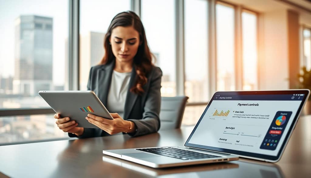 A modern office environment focused on financial management for safer betting. In the foreground, a well-dressed professional woman, intently reviewing a digital dashboard on her tablet, displaying colorful graphs and settings for payment controls, like deposit limits and bank alerts. In the middle, a sleek desk with an open laptop showing a banking app interface, emphasizing one-click deposit options being turned off. The background features a large window with bright, natural light streaming in, showcasing a cityscape. The atmosphere conveys a sense of responsibility and focus, with soft, warm lighting accentuating the seriousness of managing finances effectively. A shallow depth of field highlights the professional’s concentration while subtly blurring the background. A modern office environment focused on financial management for safer betting. In the foreground, a well-dressed professional woman, intently reviewing a digital dashboard on her tablet, displaying colorful graphs and settings for payment controls, like deposit limits and bank alerts. In the middle, a sleek desk with an open laptop showing a banking app interface, emphasizing one-click deposit options being turned off. The background features a large window with bright, natural light streaming in, showcasing a cityscape. The atmosphere conveys a sense of responsibility and focus, with soft, warm lighting accentuating the seriousness of managing finances effectively. A shallow depth of field highlights the professional’s concentration while subtly blurring the background.