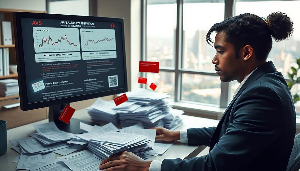 A professional office setting depicting a financial advisor at their desk, focused on a computer screen displaying graphs and warnings related to AVS mismatch and geolocation error prevention. In the foreground, the advisor, a diverse individual in a sharp business suit, has a look of concentration as they analyze data. The middle layer features chaotic piles of documentation symbolizing multiple failed transaction attempts, with red flags and error messages illustrated on the computer screen. The background showcases a well-organized office with a window revealing a cityscape, bathed in soft, natural lighting that creates a serious yet hopeful atmosphere, suggesting problem-solving and diligence. The overall mood is tense but purposeful, highlighting the importance of accurate transactions in finance. A professional office setting depicting a financial advisor at their desk, focused on a computer screen displaying graphs and warnings related to AVS mismatch and geolocation error prevention. In the foreground, the advisor, a diverse individual in a sharp business suit, has a look of concentration as they analyze data. The middle layer features chaotic piles of documentation symbolizing multiple failed transaction attempts, with red flags and error messages illustrated on the computer screen. The background showcases a well-organized office with a window revealing a cityscape, bathed in soft, natural lighting that creates a serious yet hopeful atmosphere, suggesting problem-solving and diligence. The overall mood is tense but purposeful, highlighting the importance of accurate transactions in finance.